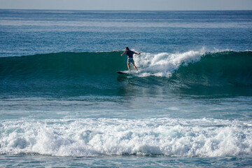 Surfer on perfect blue aquamarine wave, empty line up, perfect for surfing, clean water, Indian Ocean close to Mirissa
