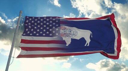 Flag of USA and Wyoming state. USA and Wyoming Mixed Flag waving in wind. 3d rendering