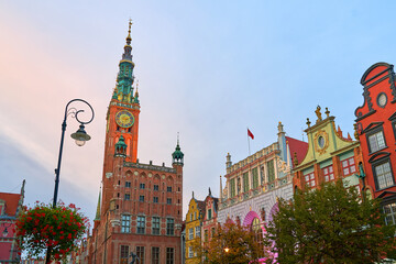 View of Dlugi Targ or the Long Market, the main tourist attraction of Gdansk, Poland. Many beautiful old houses including the Town Hall and Artus Court. © berezko