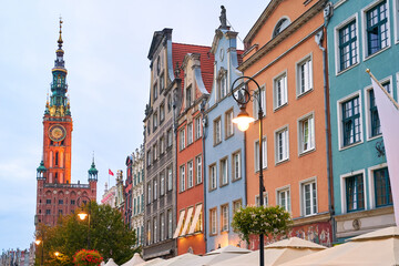 Beautiful old houses including the Town Hall at Dlugi Targ or the Long Market, the main tourist attraction of Gdansk, Poland. © berezko
