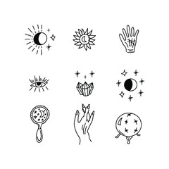 Set of magic icons isolated on white. mirror, eye, sun, moon, magic ball. esotericism, astrology, occultism