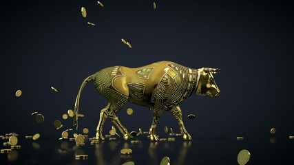 Bitcoins Falling On A Walking Bull Symbolizing The Bullrun Crypto Market, Luma Matte