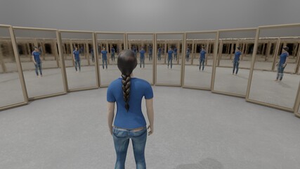 illustration woman reflecting himself in the mirrors, surreal concept 3d render