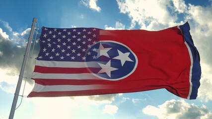 Flag of USA and Tennessee state. USA and Tennessee Mixed Flag waving in wind. 3d rendering