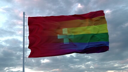 Fototapeta na wymiar Waving national flag of Switzerland and LGBT rainbow flag background. 3d rendering