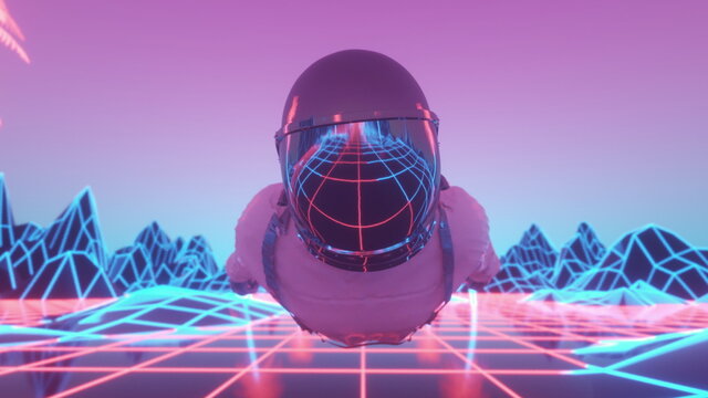 Astronaut surrounded by flashing neon lights. 3d rendering