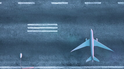 Top down view of airplanes parked on airport runway. 3d rendering