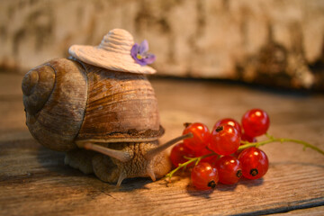 A wildlife snail in a composition with a hat and berries