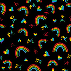 Rainbow seamless pattern on black background.