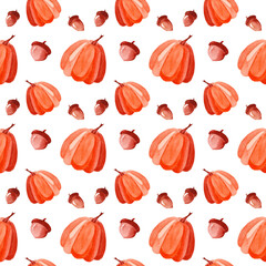Autumn orange pumpkins, acorns. Seamless watercolor pattern. Autumn season illustration. October harvest. Organic products for the vegetable garden. Nature design. Thanksgiving Day