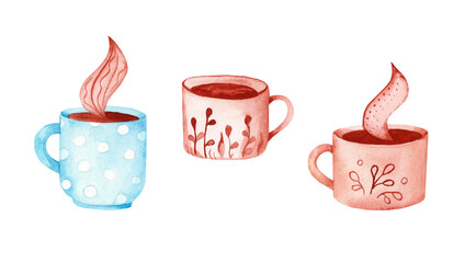 Set of watercolor illustrations of various coffee cups, hand drawn watercolor illustration. Cappuccino, latte macchiato, cocoa, espresso, hot chocolate. Can be used for menu design.