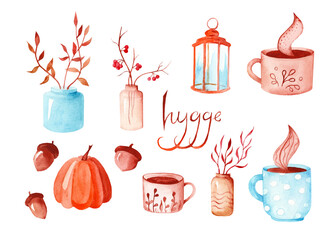Watercolor cozy scandinavian set with rowan vase, cocoa mugs, acorns, pumpkins lantern and cute details. The hand-painted individual elements are inspired by the hygge lifestyle and autumn