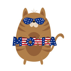 Meowica- Funny cartoon cat. Happy Independence Day, vector design illustration.