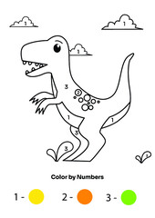 Coloring Cute cartoon dinosaur T-rex by numbers, coloring page for preschool - dino coloring page