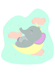 children's illustration, elephant sleeping on the moon
