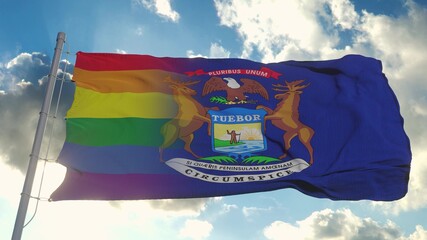 Flag of Michigan and LGBT. Michigan and LGBT Mixed Flag waving in wind. 3d rendering