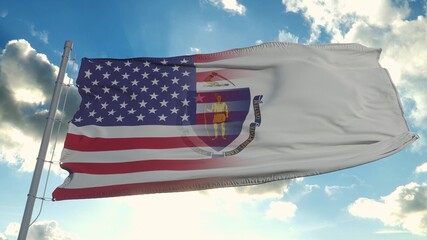 Flag of USA and Massachusetts state. USA and Massachusetts Mixed Flag waving in wind. 3d rendering