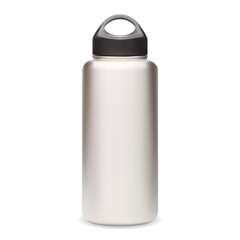Water bottle. Thermo bottle mockup. Reusable sport bottle vector blank. Silver fitness flask with black cap 3d design. Realistic stainless steel camping can, outdoor equipment product