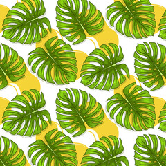 Fototapeta na wymiar Tropical seamless pattern with exotic leaves in cartoon style