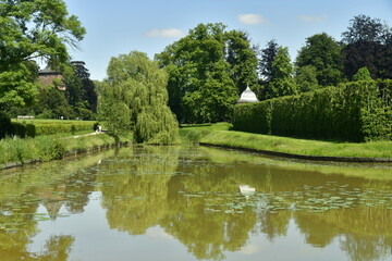 Fototapeta na wymiar Reflet de l'étang du Moulin au milieu de la végétation luxuriante du parc d'Enghien en Hainaut 