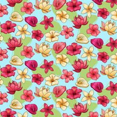 Tropical pattern with exotic flowers in cartoon style