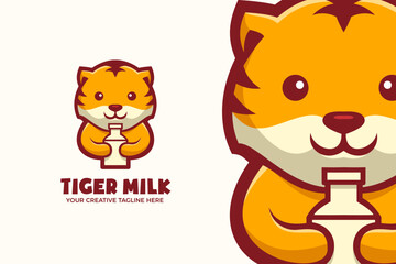 Baby Tiger Drink Milk Mascot Character Logo Template