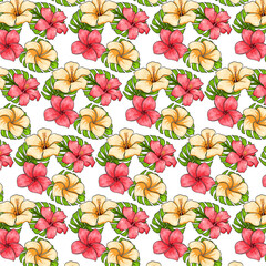 Tropical pattern with exotic plants flowers and leaves in cartoon style