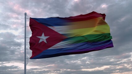 Waving flag of Cuba state and LGBT rainbow flag background. 3d rendering