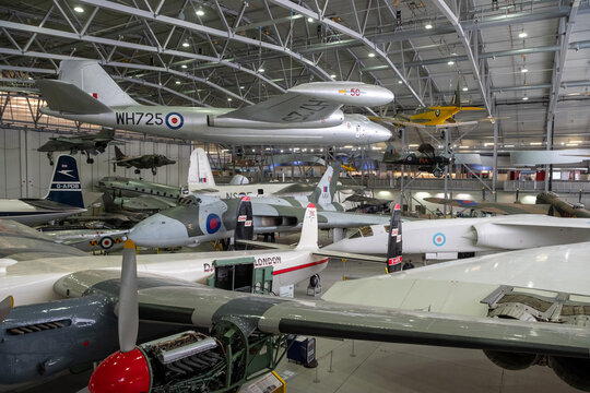 Duxford England May 2021 The view inside one of the hangers of the Duxford aviation museum. B57 canberra, concorde , vulcan and many other planes on display