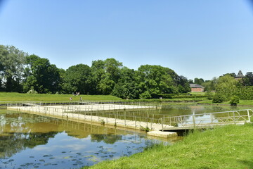 La plateforme flottante installé dans l'étang du Moulin au parc d'Enghien en Hainaut 