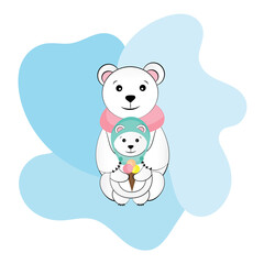 Greeting Card with Polar bear family. Mother bear cuddling her cub.