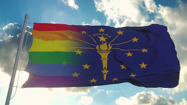 Flag of Indiana and LGBT. Indiana and LGBT Mixed Flag waving in wind. 3d rendering