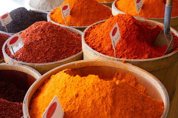 Turkish pepper and spices on display at a shop in Kayseri, Turkey.