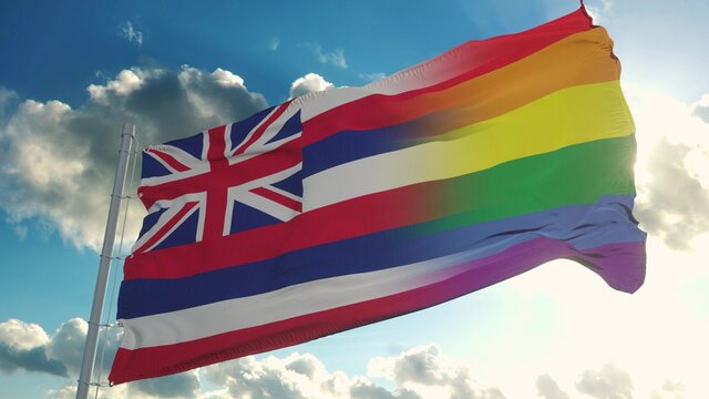 Flag of Hawaii and LGBT. Hawaii and LGBT Mixed Flag waving in wind. 3d rendering