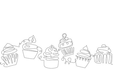 Horizontal Seamless Border Pattern with Cupcakes. Vector Background. 