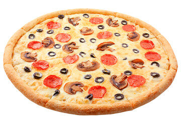 Pizza with mushrooms, pepperoni, olives and mozzarella isolated on a white background. Circle of Italian pizza. 