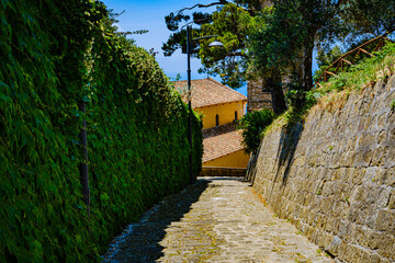 Castellabate, Salerno, Italy. Country lane with stairs and green plants