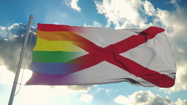 Flag of Alabama and LGBT. Alabama and LGBT Mixed Flag waving in wind. 3d rendering