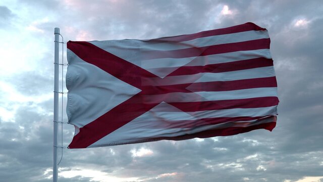 USA and Alabama Mixed Flag waving in wind. Alabama and USA flag on flagpole. 3d rendering