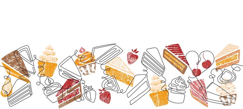 Horizontal Seamless Border Pattern with Cakes, Cupcakes and Pie Slices. Background with Bakery Sweets. One line style. Vector illustration. Can be also yused like Banner, Flyer, Cover, Poster, Texture