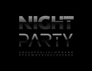 Vector trendy flyer Night Party with Stylish Black Font. Shiny futuristic Alphabet Letters and Numbers set