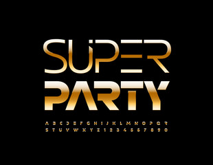 Vector stylish flyer Super Party. Lunar Golden Font. Creative elite Alphabet Letters and Numbers set