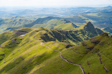Aerial view of hiking tail to Drakensberg mountains