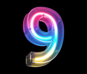 Glowing neon under matte glass. Font. Number 9.
