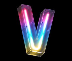 Glowing neon under matte glass. Font. Letter V.
