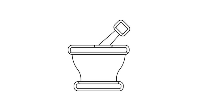 Black line Mortar and pestle icon isolated on white background. 4K Video motion graphic animation