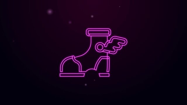 Glowing neon line Hermes sandal icon isolated on black background. Ancient greek god Hermes. Running shoe with wings. 4K Video motion graphic animation