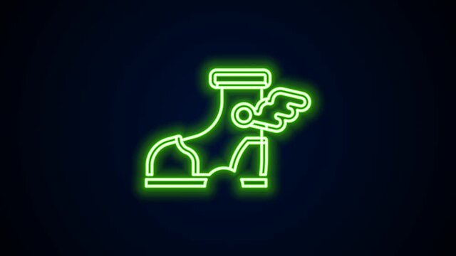 Glowing neon line Hermes sandal icon isolated on black background. Ancient greek god Hermes. Running shoe with wings. 4K Video motion graphic animation
