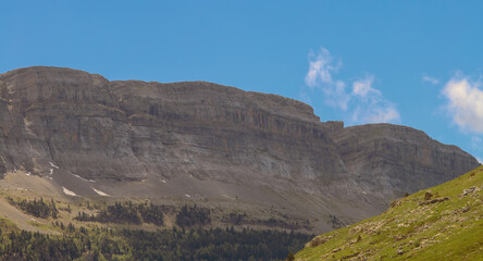 Fototapeta premium Acantilado del cañón en el Valle de Ordesa, Huesca, España. Las escarpadas paredes que bordean el valle vistas desde el fondo del mismo.