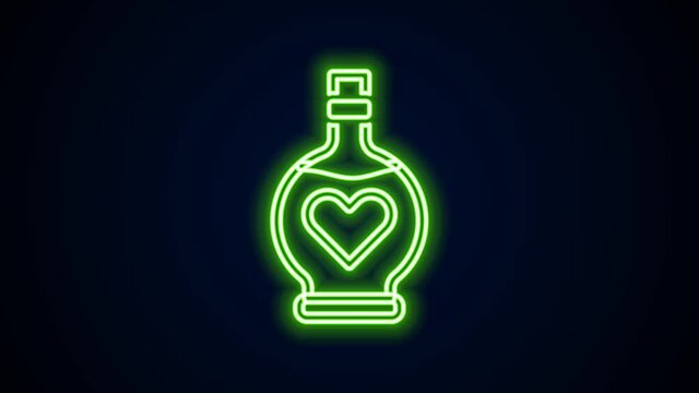 Glowing neon line Bottle with love potion icon isolated on black background. Valentines day symbol. 4K Video motion graphic animation